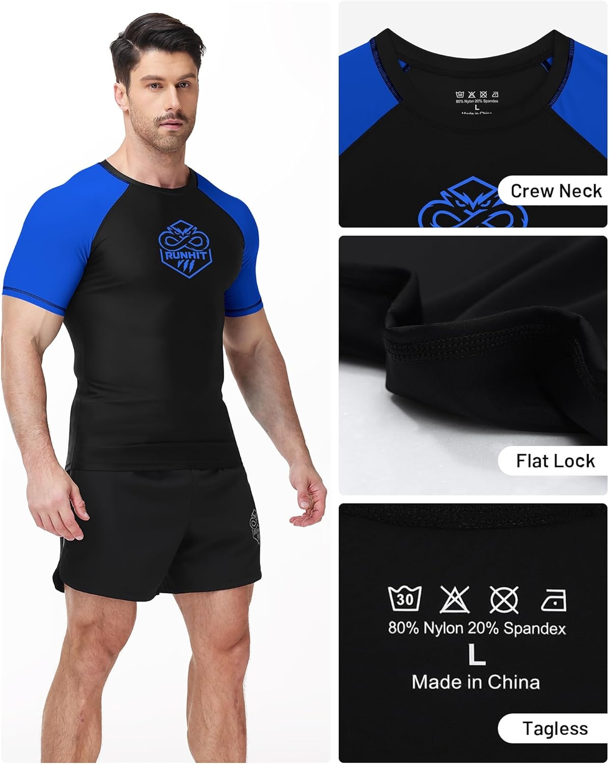image:imageRunhit Mens BJJ Rash Guard Jiu Jitsu Compression Shirts Short Sleeve for MMA No GI Wrestling Sports Base Layer UPF 50Blue