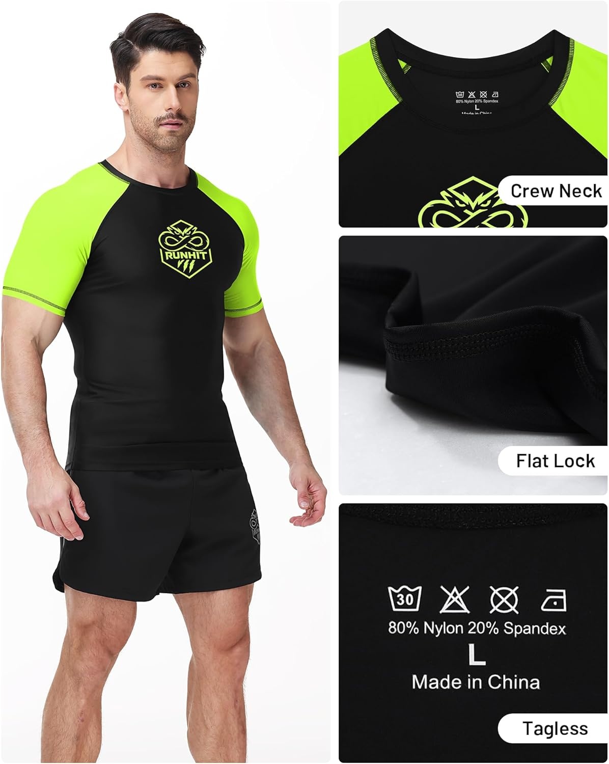 image:imageRunhit Mens BJJ Rash Guard Jiu Jitsu Compression Shirts Short Sleeve for MMA No GI Wrestling Sports Base Layer UPF 50Fluorescent Green