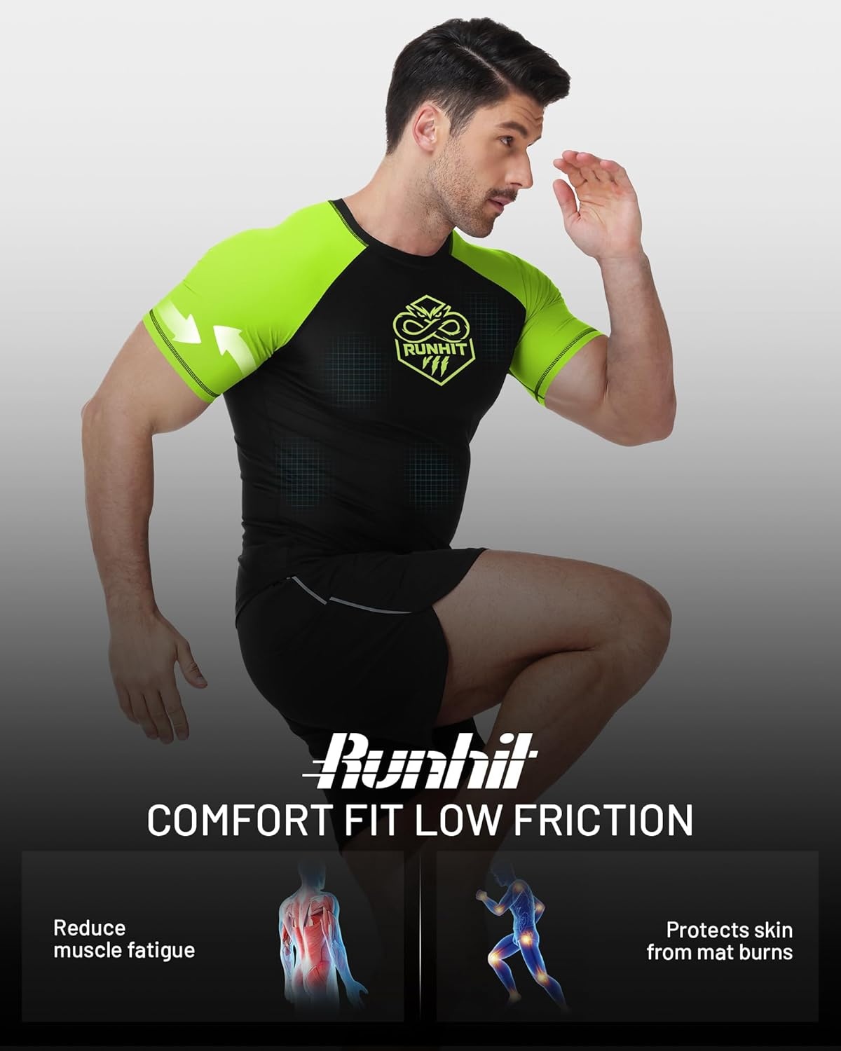 image:imageRunhit Mens BJJ Rash Guard Jiu Jitsu Compression Shirts Short Sleeve for MMA No GI Wrestling Sports Base Layer UPF 50Fluorescent Green