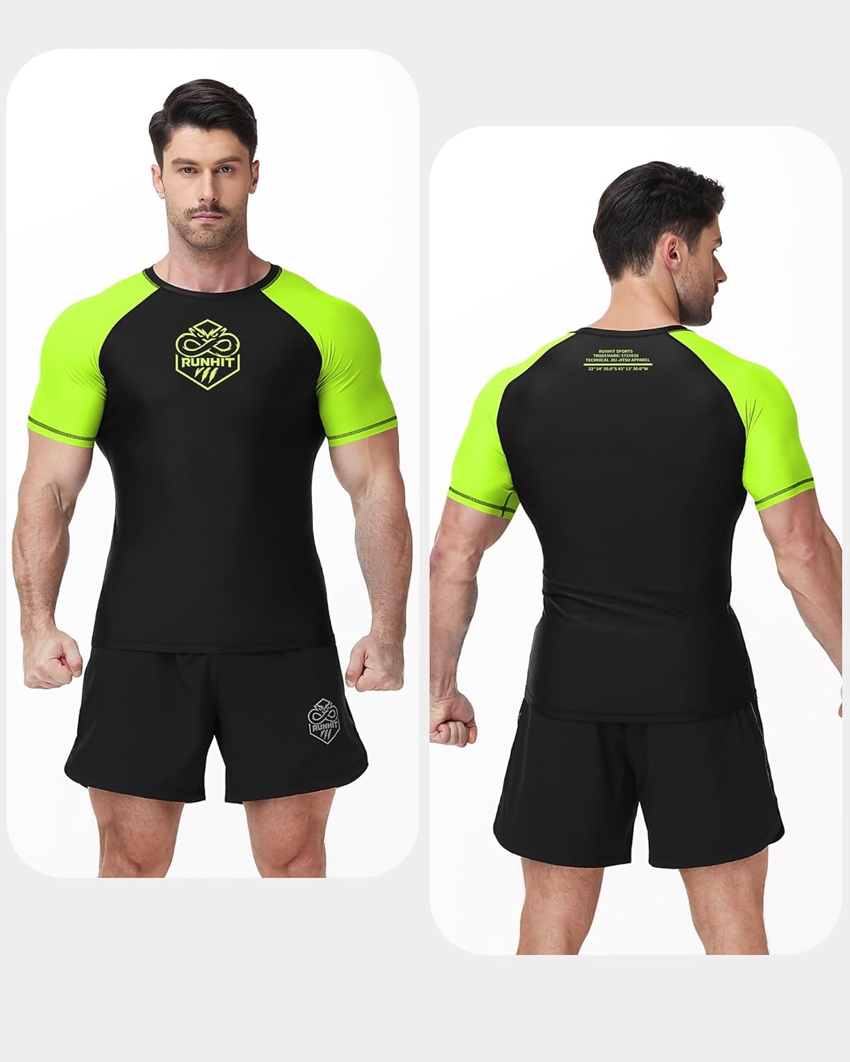 image:imageRunhit Mens BJJ Rash Guard Jiu Jitsu Compression Shirts Short Sleeve for MMA No GI Wrestling Sports Base Layer UPF 50Fluorescent Green