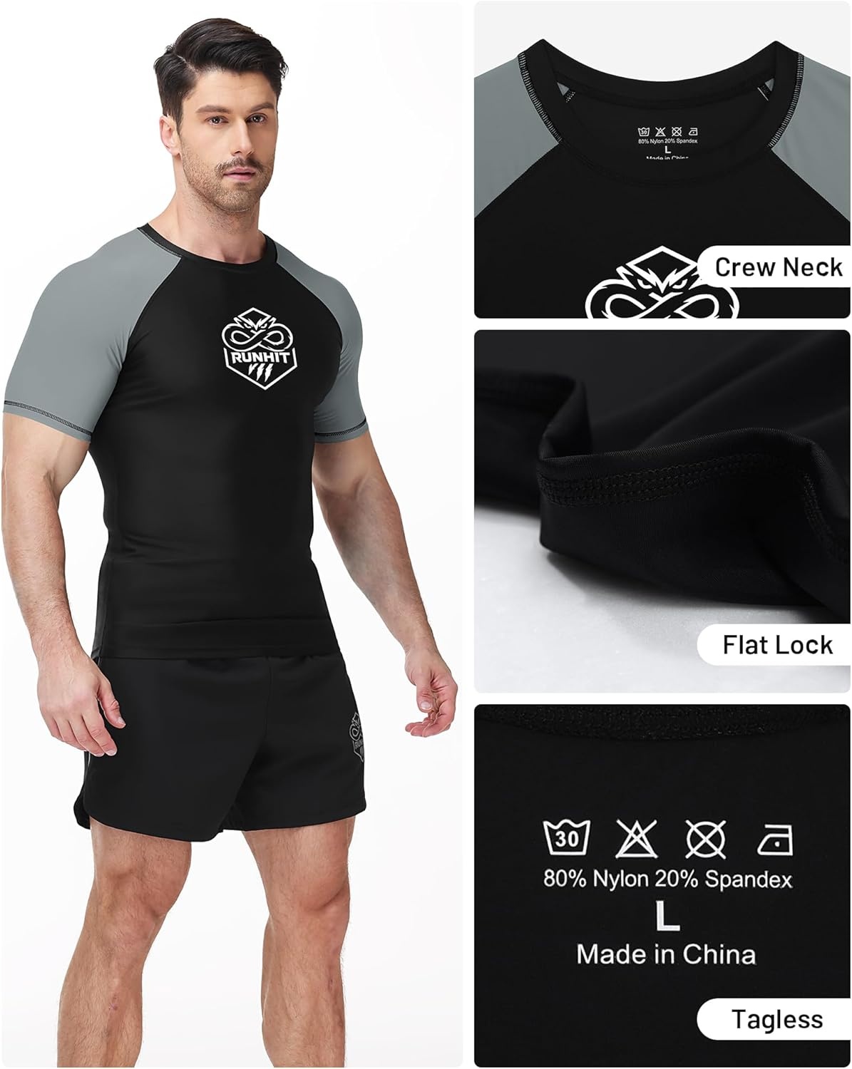 image:imageRunhit Mens BJJ Rash Guard Jiu Jitsu Compression Shirts Short Sleeve for MMA No GI Wrestling Sports Base Layer UPF 50Gray