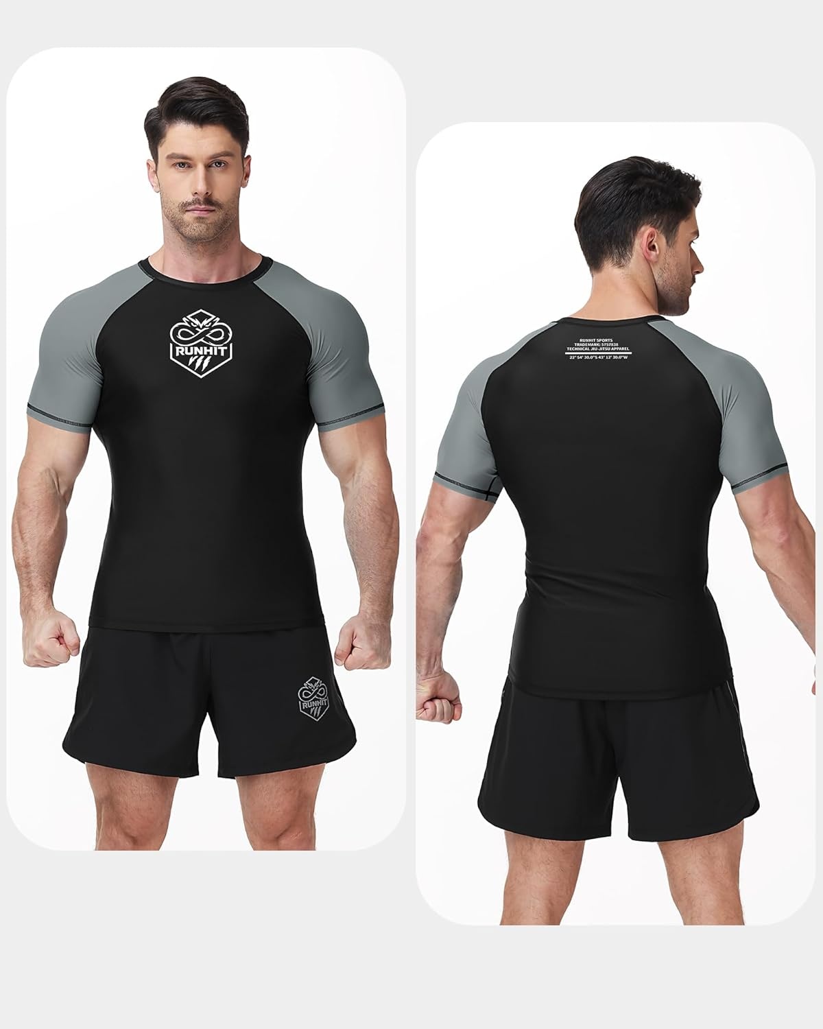 image:imageRunhit Mens BJJ Rash Guard Jiu Jitsu Compression Shirts Short Sleeve for MMA No GI Wrestling Sports Base Layer UPF 50Gray