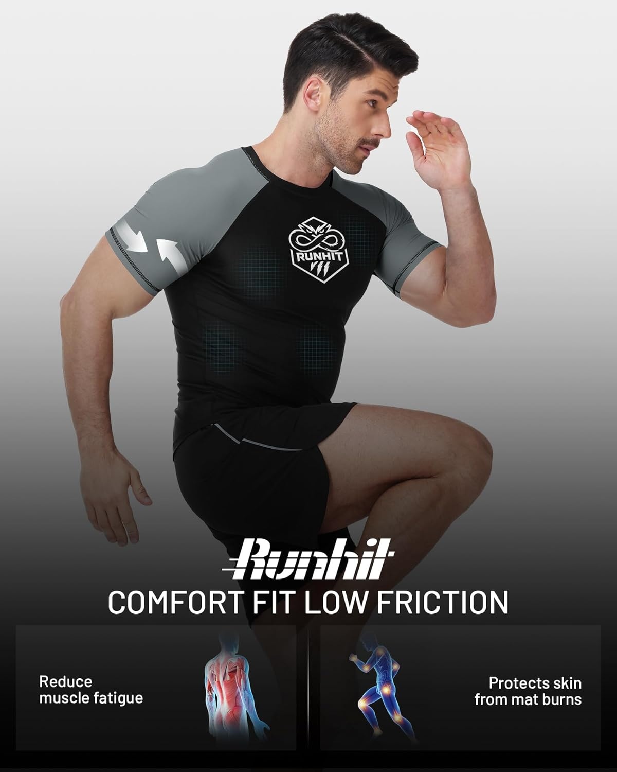 image:imageRunhit Mens BJJ Rash Guard Jiu Jitsu Compression Shirts Short Sleeve for MMA No GI Wrestling Sports Base Layer UPF 50Gray