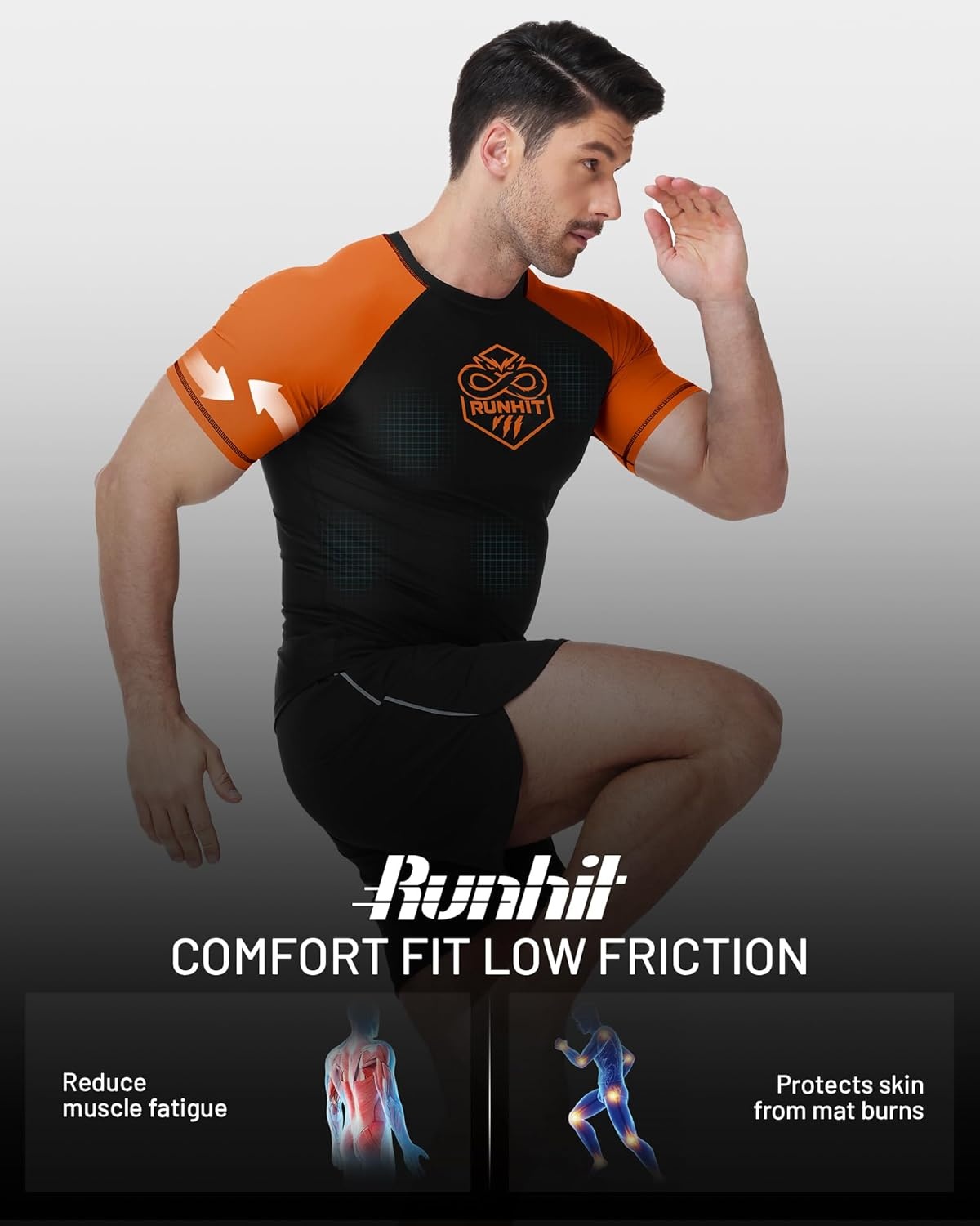 image:imageRunhit Mens BJJ Rash Guard Jiu Jitsu Compression Shirts Short Sleeve for MMA No GI Wrestling Sports Base Layer UPF 50Orange