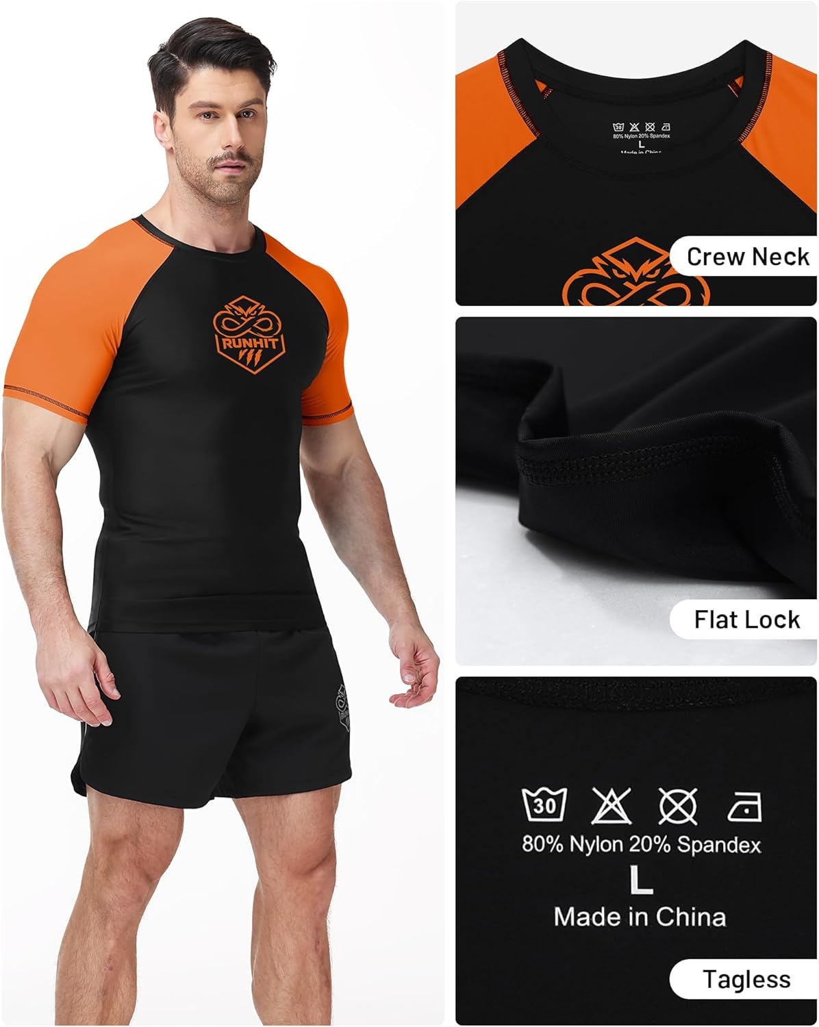 image:imageRunhit Mens BJJ Rash Guard Jiu Jitsu Compression Shirts Short Sleeve for MMA No GI Wrestling Sports Base Layer UPF 50Orange