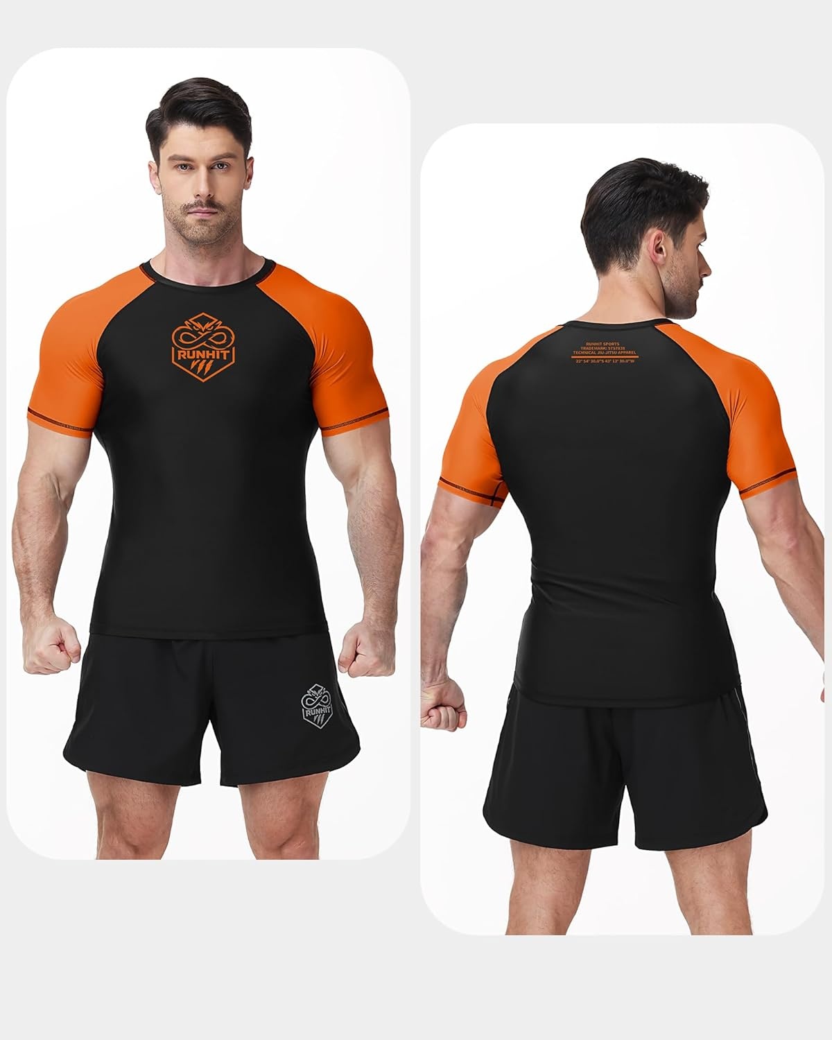 image:imageRunhit Mens BJJ Rash Guard Jiu Jitsu Compression Shirts Short Sleeve for MMA No GI Wrestling Sports Base Layer UPF 50Orange