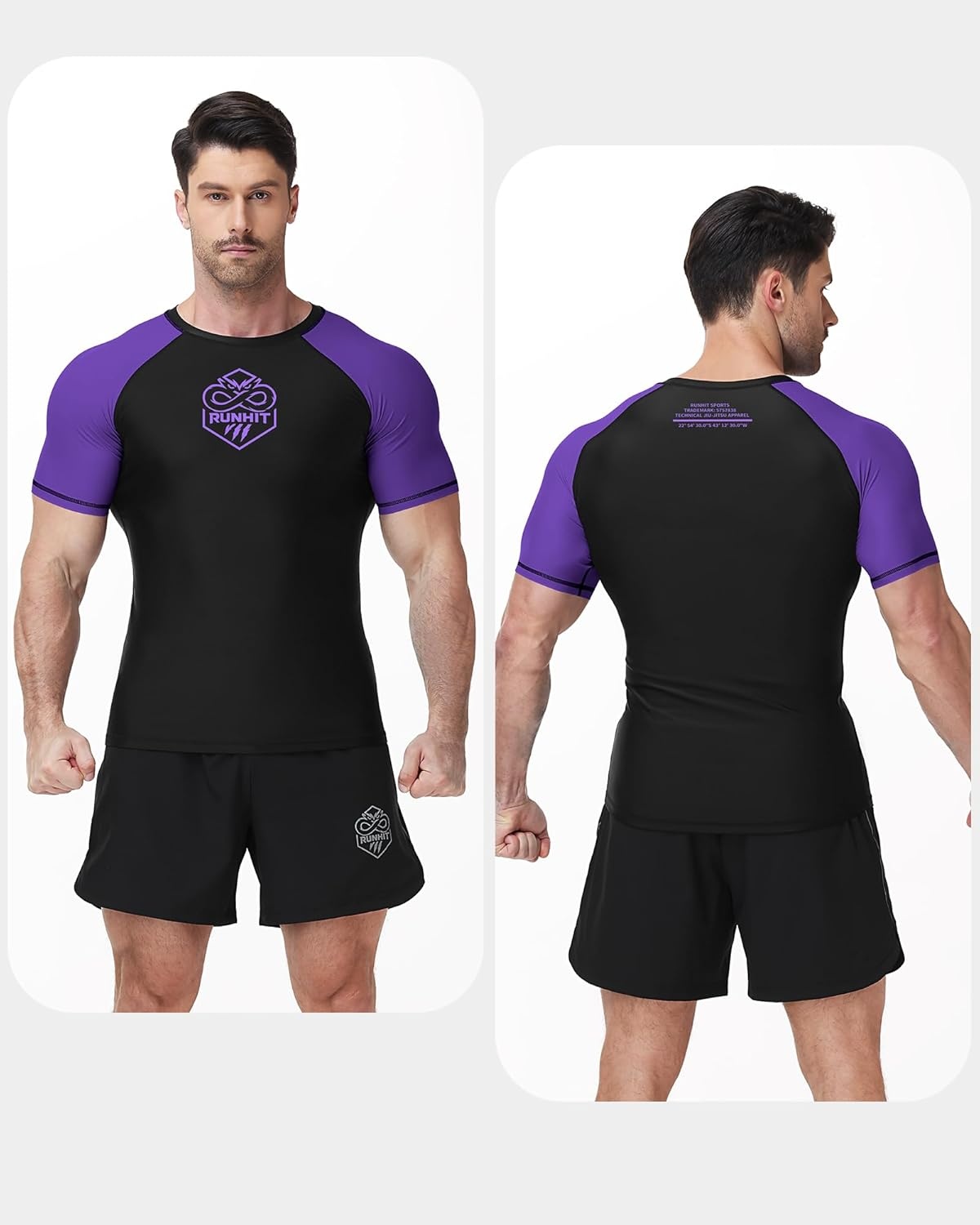 image:imageRunhit Mens BJJ Rash Guard Jiu Jitsu Compression Shirts Short Sleeve for MMA No GI Wrestling Sports Base Layer UPF 50Purple