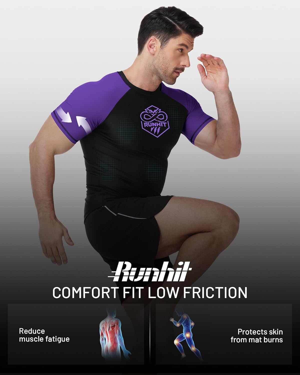 image:imageRunhit Mens BJJ Rash Guard Jiu Jitsu Compression Shirts Short Sleeve for MMA No GI Wrestling Sports Base Layer UPF 50Purple