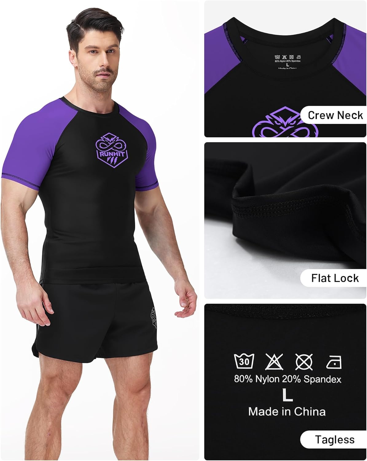 image:imageRunhit Mens BJJ Rash Guard Jiu Jitsu Compression Shirts Short Sleeve for MMA No GI Wrestling Sports Base Layer UPF 50Purple