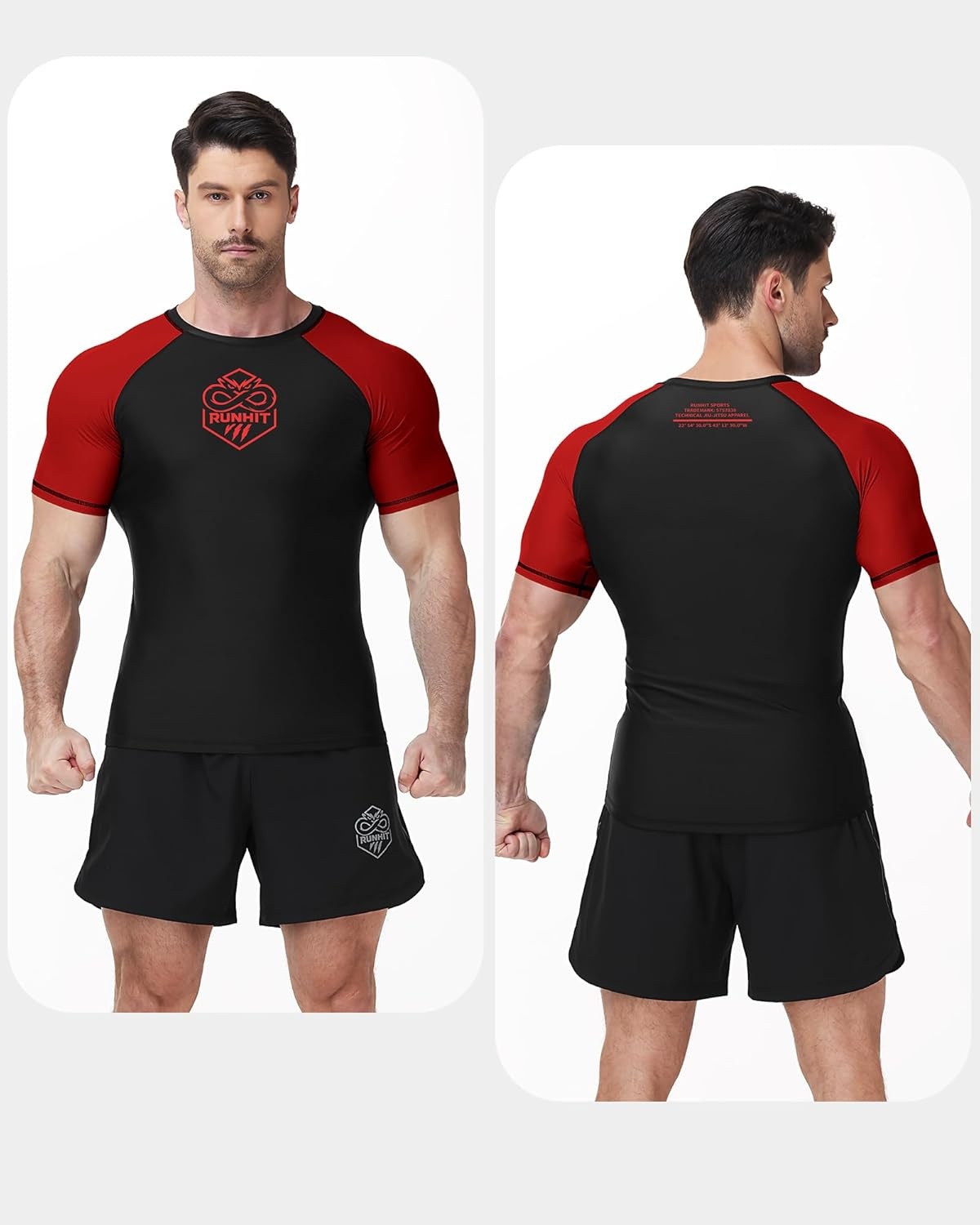 image:imageRunhit Mens BJJ Rash Guard Jiu Jitsu Compression Shirts Short Sleeve for MMA No GI Wrestling Sports Base Layer UPF 50Red