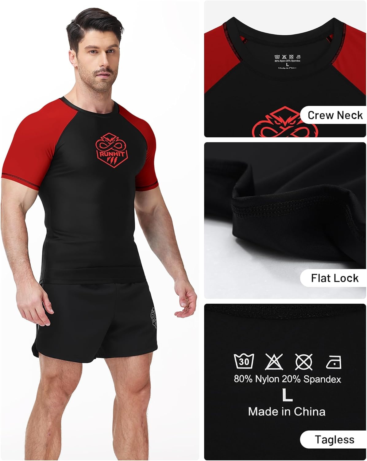 image:imageRunhit Mens BJJ Rash Guard Jiu Jitsu Compression Shirts Short Sleeve for MMA No GI Wrestling Sports Base Layer UPF 50Red