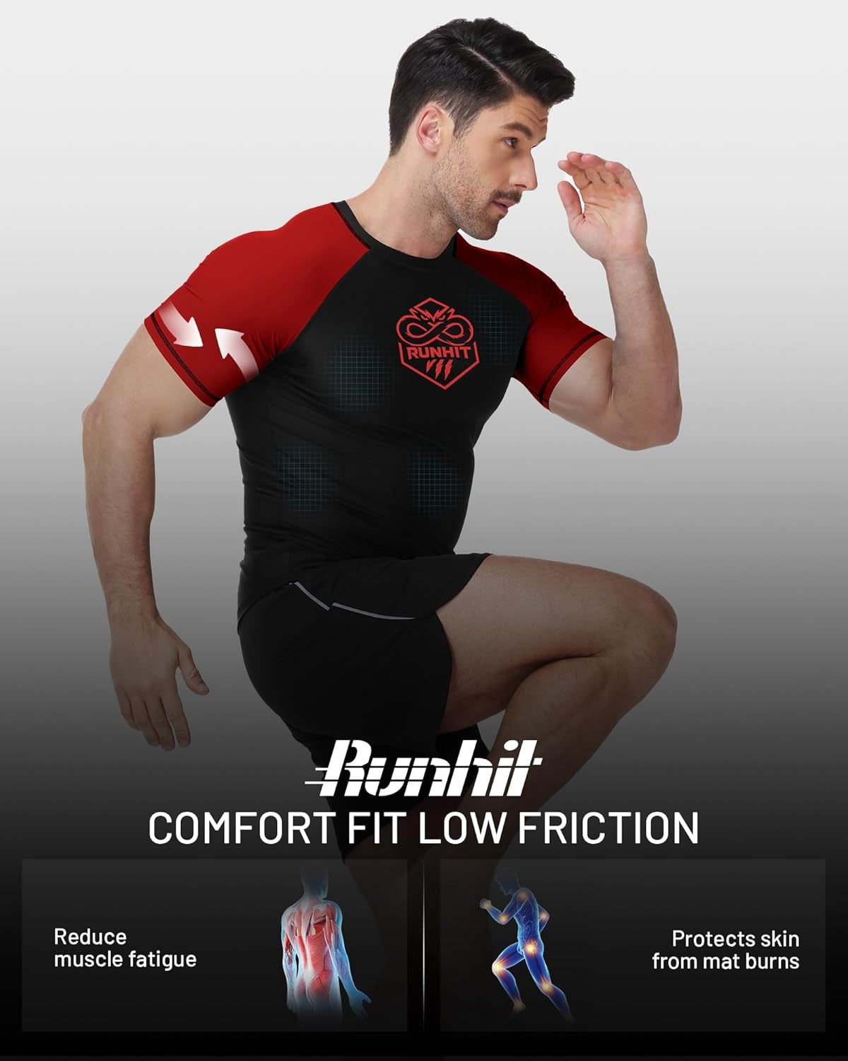 image:imageRunhit Mens BJJ Rash Guard Jiu Jitsu Compression Shirts Short Sleeve for MMA No GI Wrestling Sports Base Layer UPF 50Red