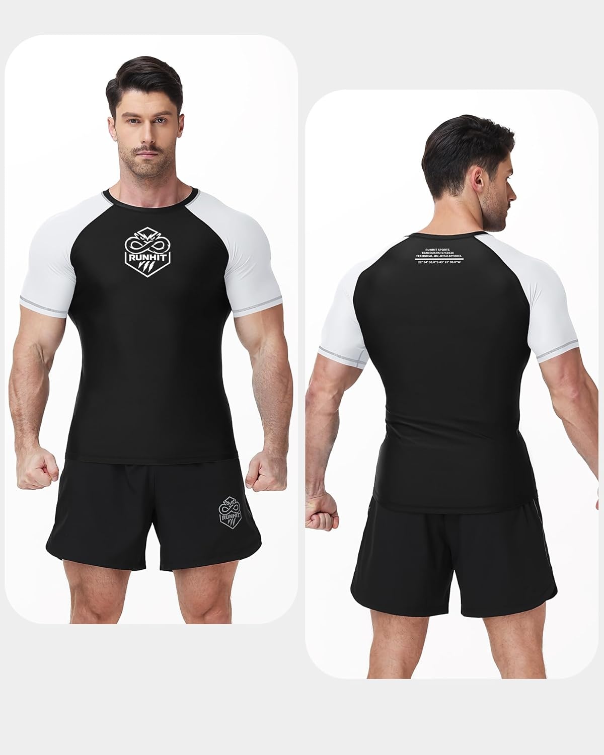 image:imageRunhit Mens BJJ Rash Guard Jiu Jitsu Compression Shirts Short Sleeve for MMA No GI Wrestling Sports Base Layer UPF 50White