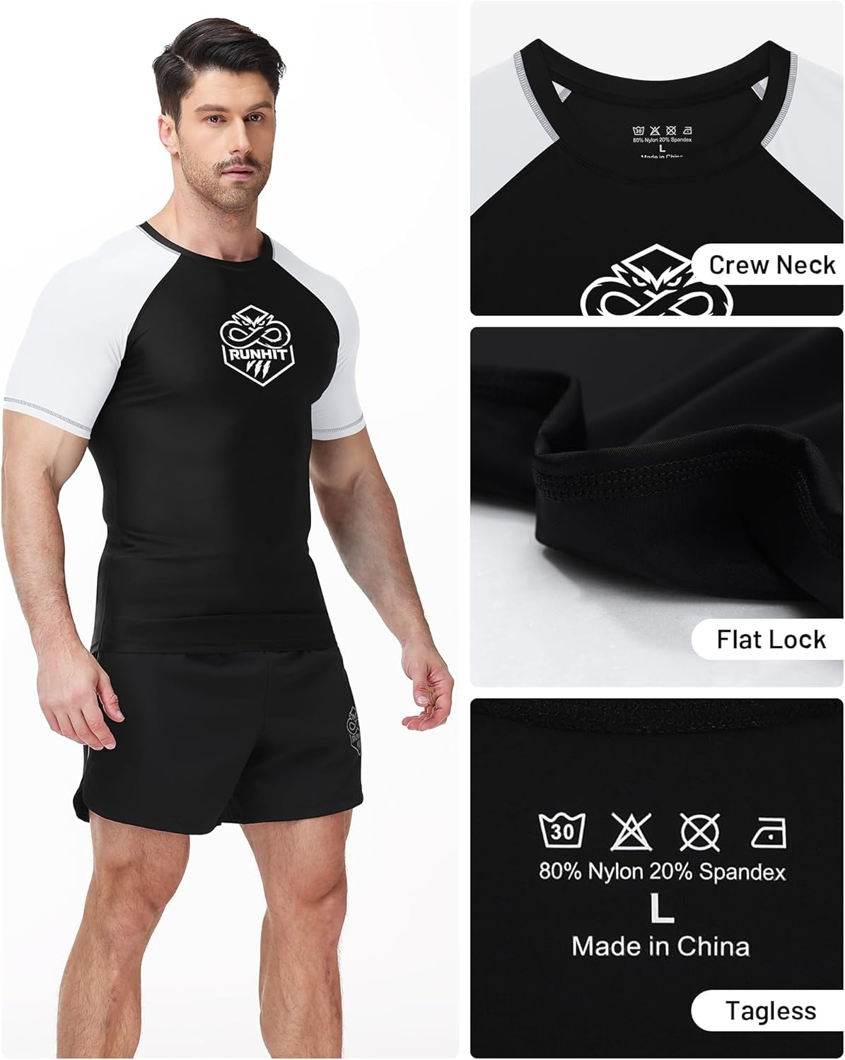 image:imageRunhit Mens BJJ Rash Guard Jiu Jitsu Compression Shirts Short Sleeve for MMA No GI Wrestling Sports Base Layer UPF 50White