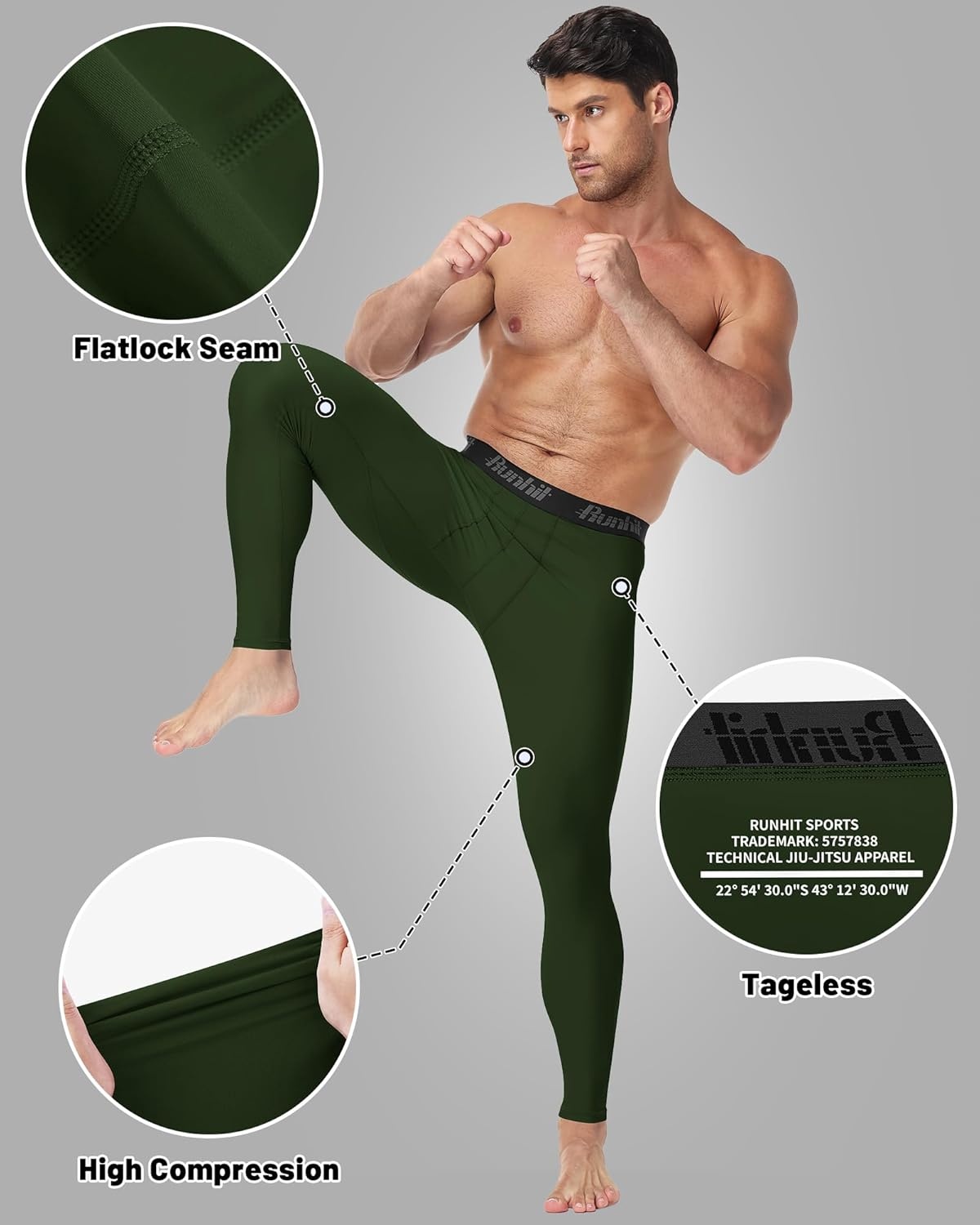 image:imageRunhit Mens BJJ Rash Guard Jiu Jitsu Compression Spats Pants No Gi MMA Leggings Martial Arts Sports Tights Base LayerArmy Gree