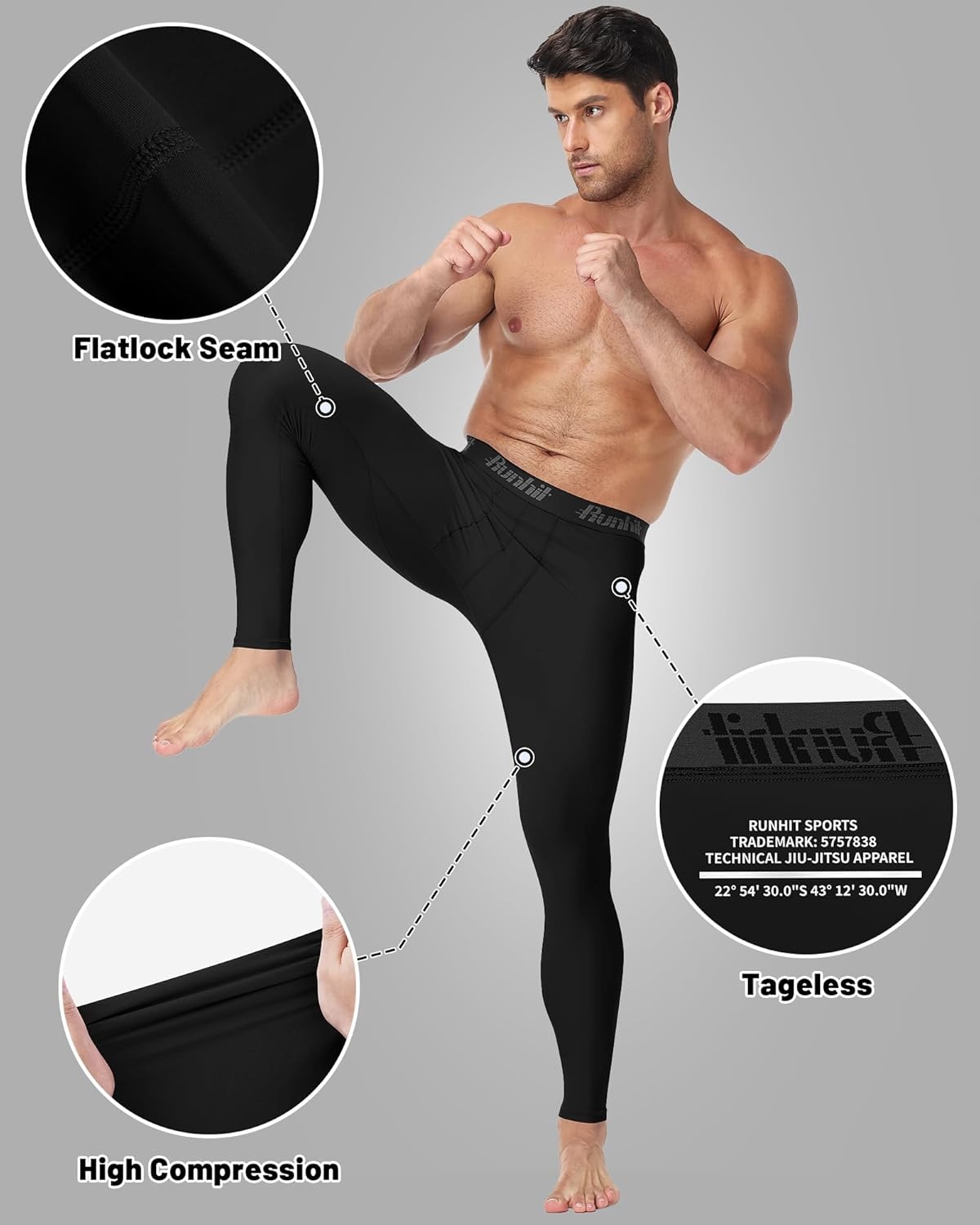 image:imageRunhit Mens BJJ Rash Guard Jiu Jitsu Compression Spats Pants No Gi MMA Leggings Martial Arts Sports Tights Base LayerBlack