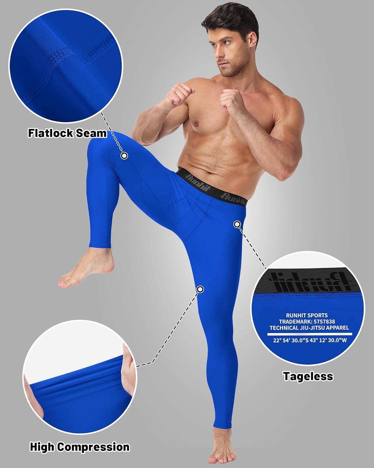 image:imageRunhit Mens BJJ Rash Guard Jiu Jitsu Compression Spats Pants No Gi MMA Leggings Martial Arts Sports Tights Base LayerBlue