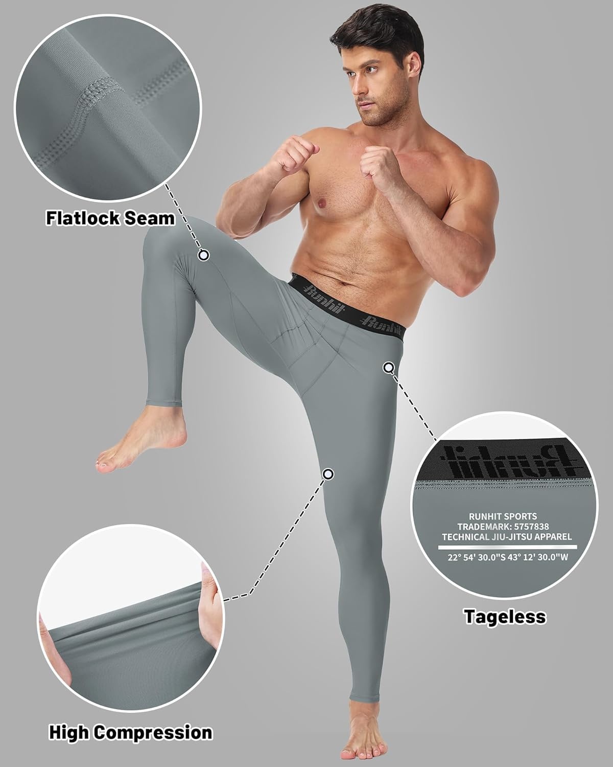 image:imageRunhit Mens BJJ Rash Guard Jiu Jitsu Compression Spats Pants No Gi MMA Leggings Martial Arts Sports Tights Base LayerGray