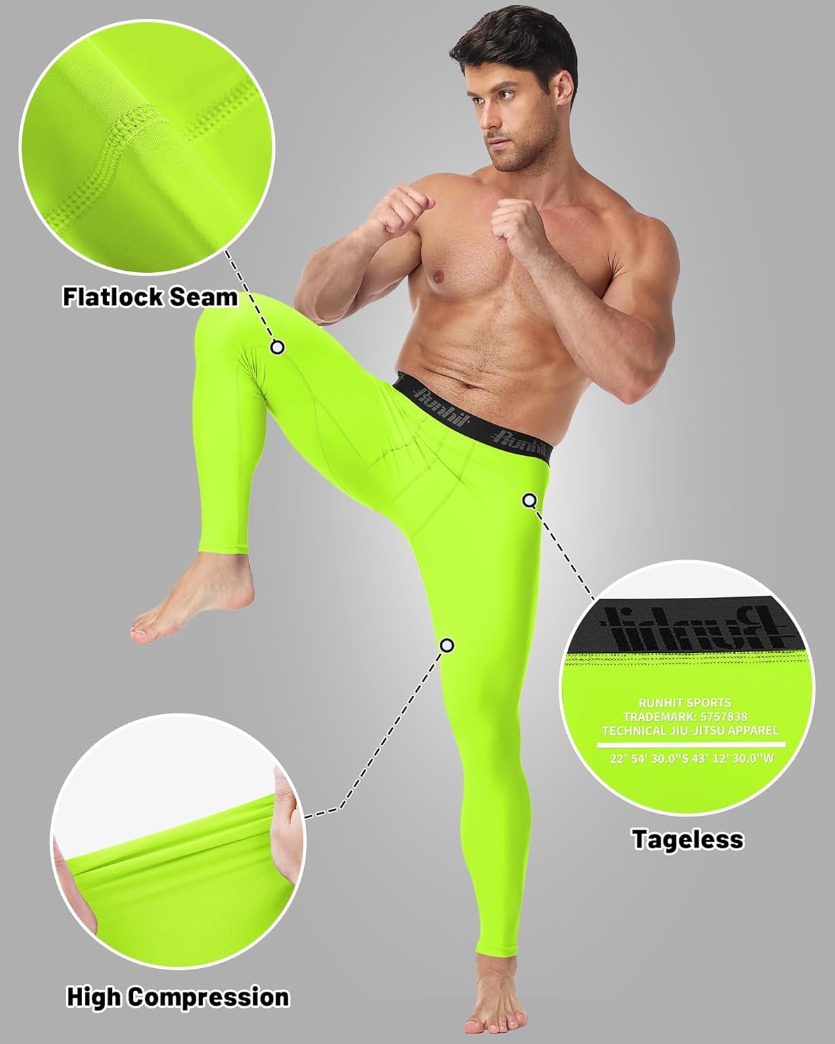 image:imageRunhit Mens BJJ Rash Guard Jiu Jitsu Compression Spats Pants No Gi MMA Leggings Martial Arts Sports Tights Base LayerNeon Green