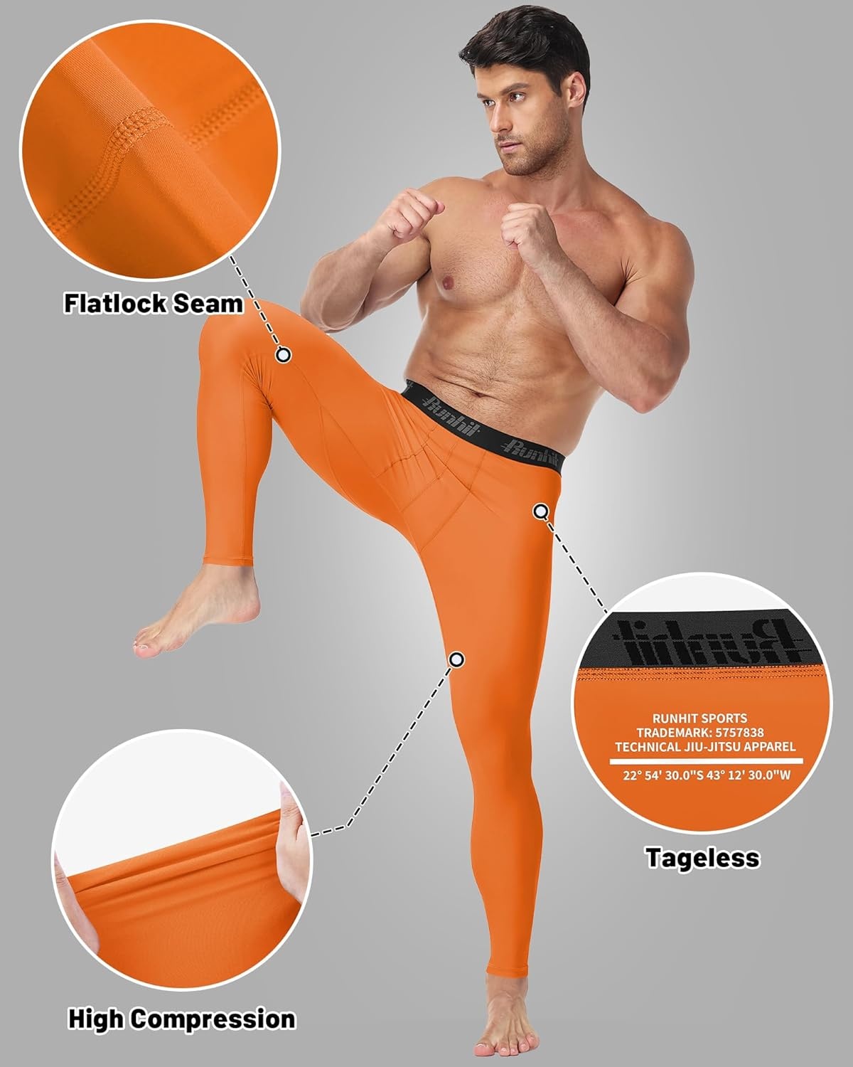 image:imageRunhit Mens BJJ Rash Guard Jiu Jitsu Compression Spats Pants No Gi MMA Leggings Martial Arts Sports Tights Base LayerOrange