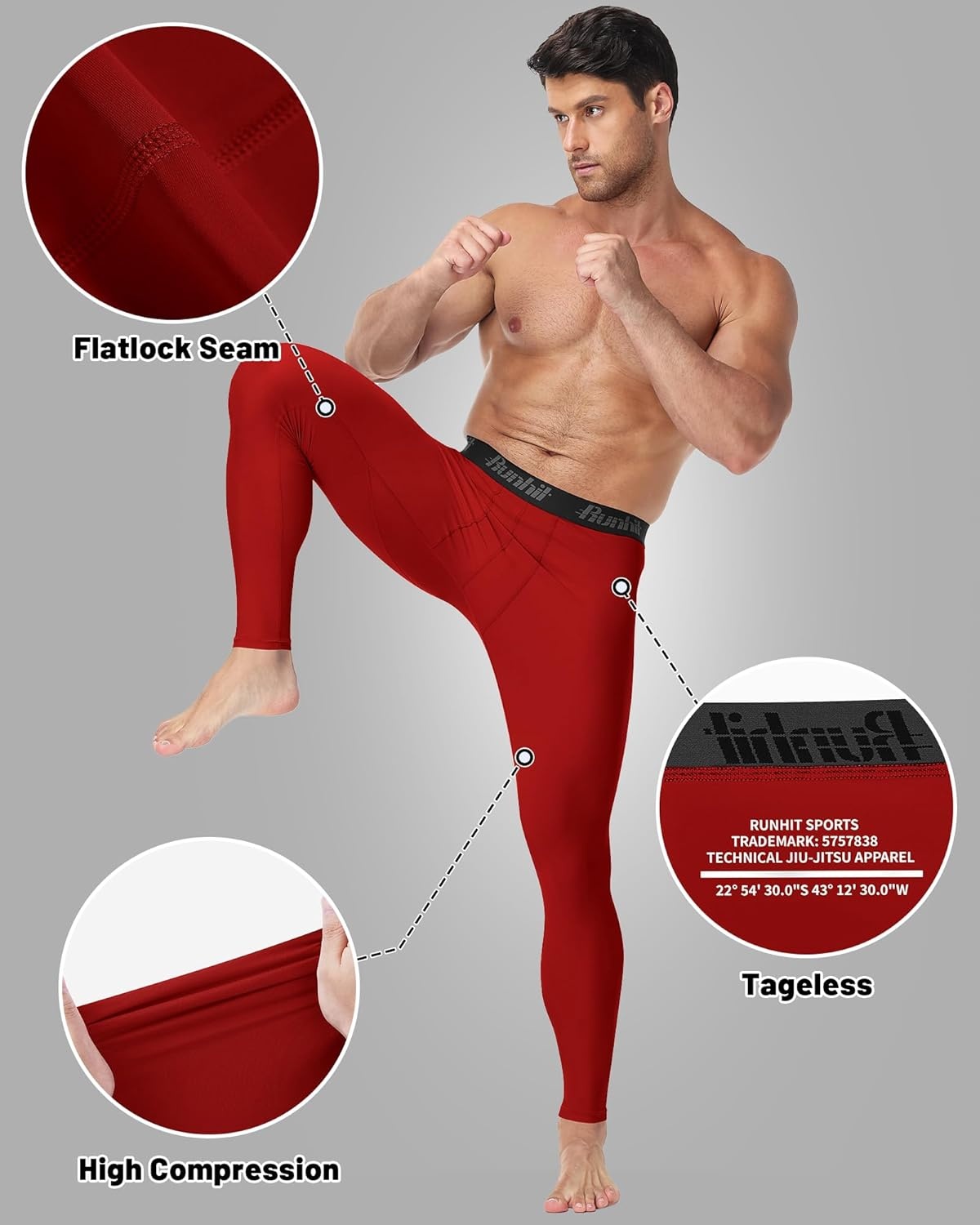 image:imageRunhit Mens BJJ Rash Guard Jiu Jitsu Compression Spats Pants No Gi MMA Leggings Martial Arts Sports Tights Base LayerRed