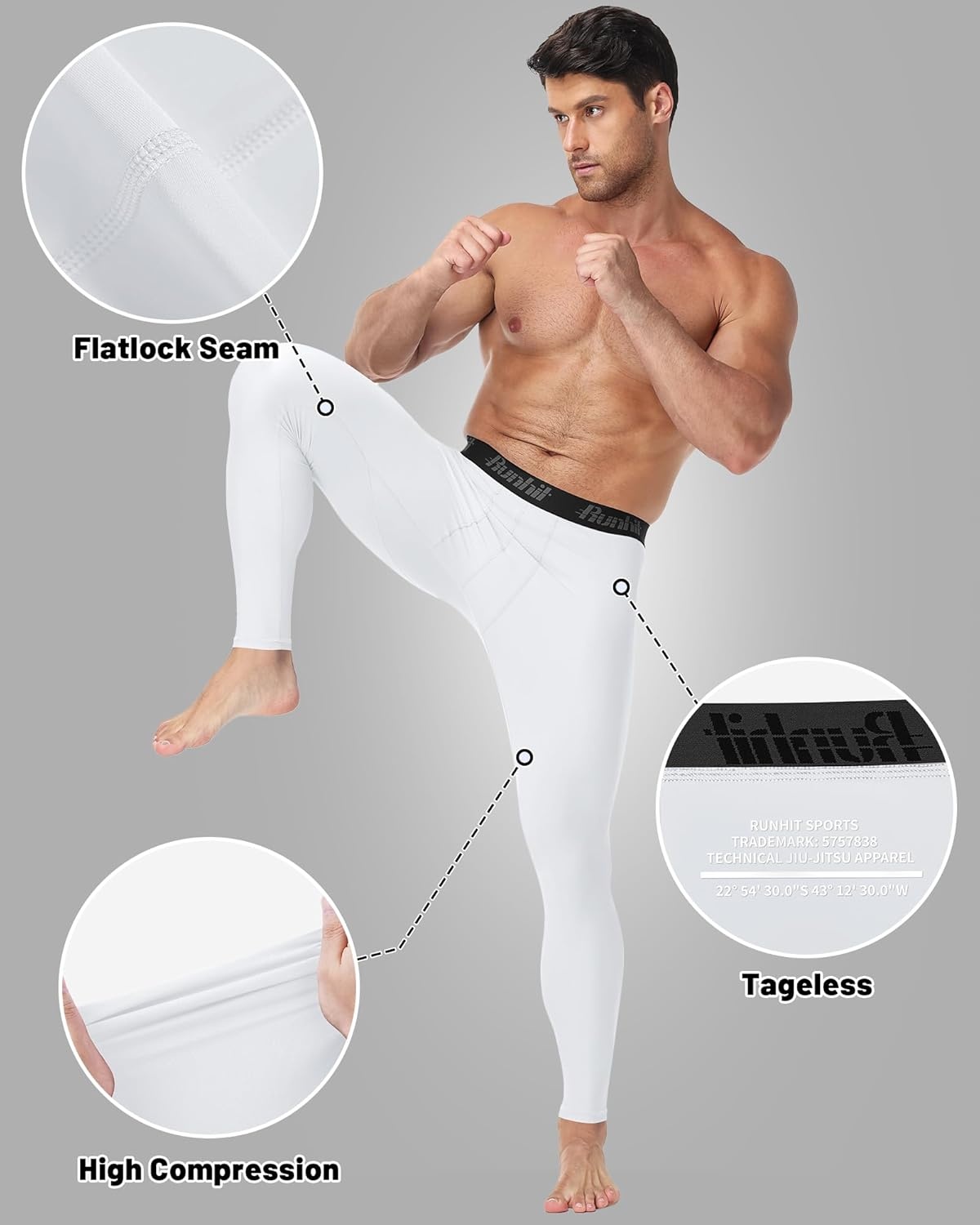 image:imageRunhit Mens BJJ Rash Guard Jiu Jitsu Compression Spats Pants No Gi MMA Leggings Martial Arts Sports Tights Base LayerWhite