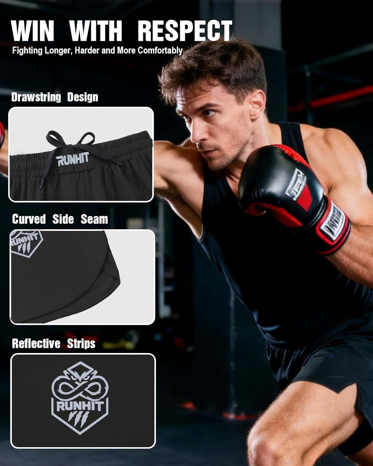 image:imageRunhit Mens BJJ Shorts MMA Fight Shorts for Wrestling Boxing No Gi Jiu Jitsu Muay Thai Training Grappling FightingBlack