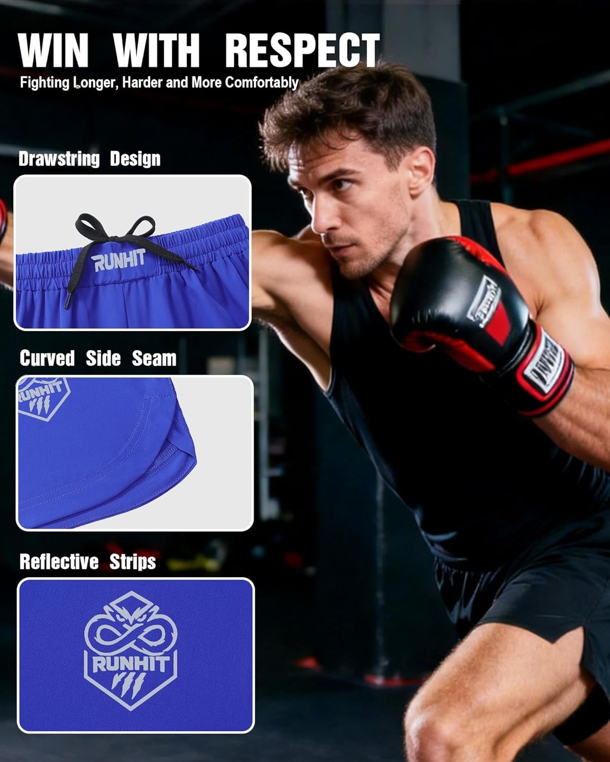 image:imageRunhit Mens BJJ Shorts MMA Fight Shorts for Wrestling Boxing No Gi Jiu Jitsu Muay Thai Training Grappling FightingBlue