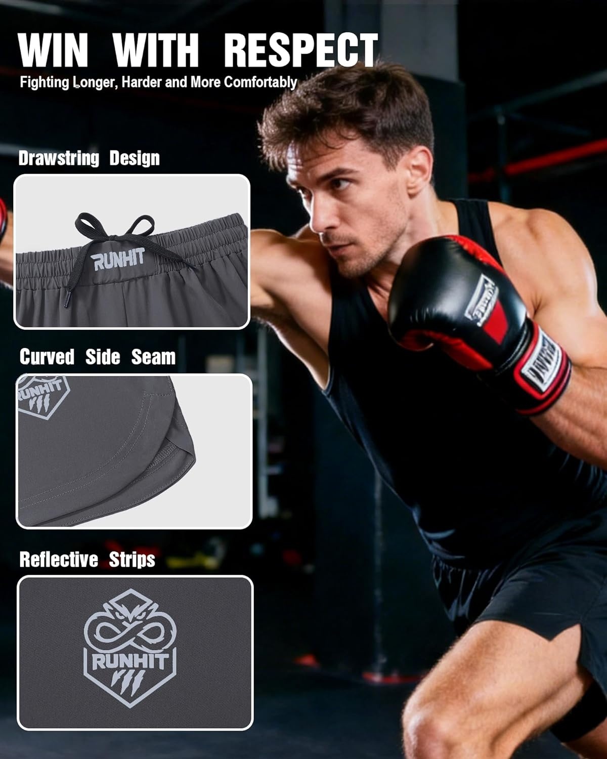 image:imageRunhit Mens BJJ Shorts MMA Fight Shorts for Wrestling Boxing No Gi Jiu Jitsu Muay Thai Training Grappling FightingGrey