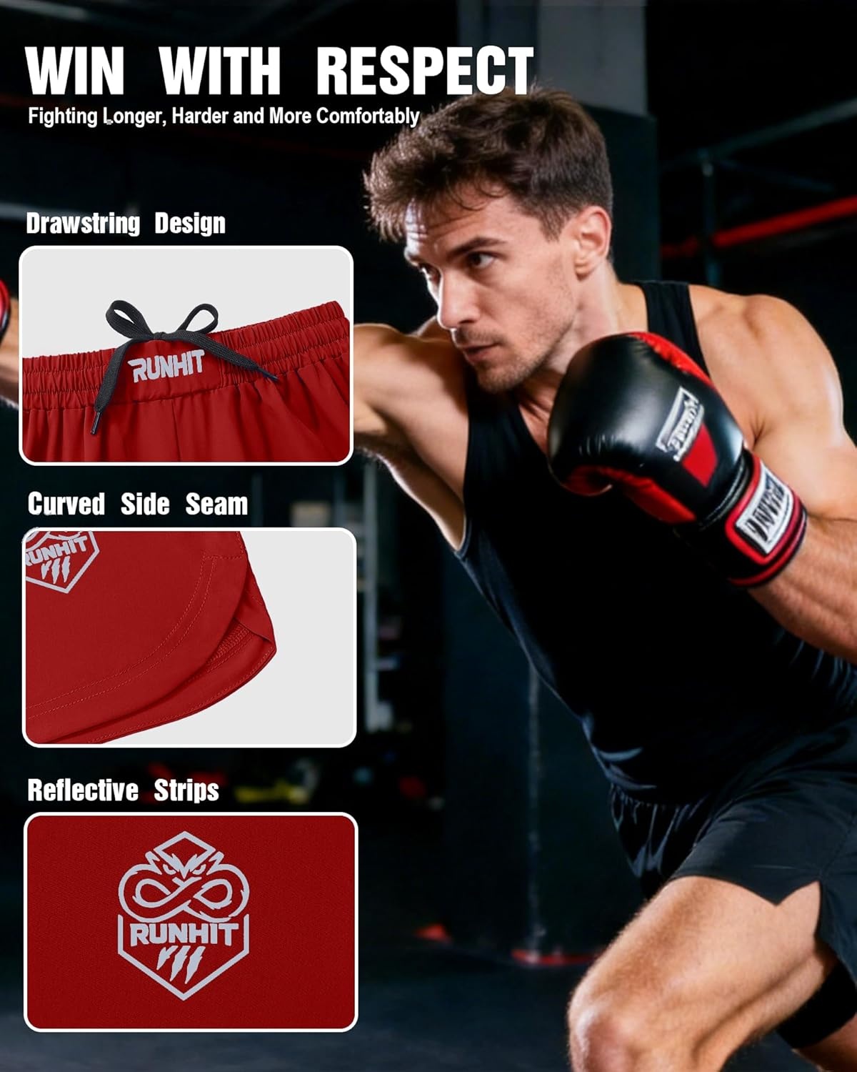 image:imageRunhit Mens BJJ Shorts MMA Fight Shorts for Wrestling Boxing No Gi Jiu Jitsu Muay Thai Training Grappling FightingRed