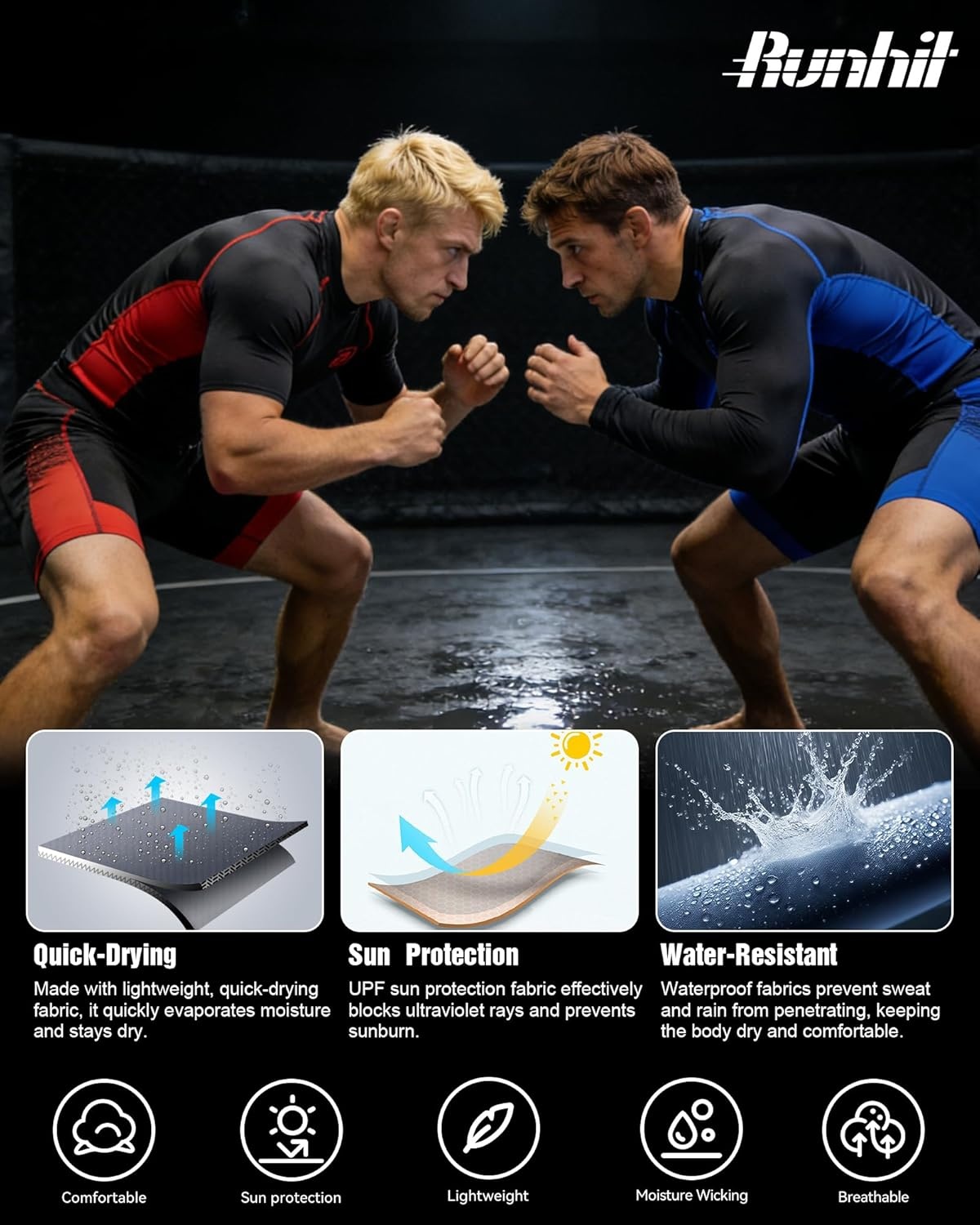 image:imageRunhit Mens BJJ Shorts MMA Fight Shorts for Wrestling Boxing No Gi Jiu Jitsu Muay Thai Training Grappling FightingRed