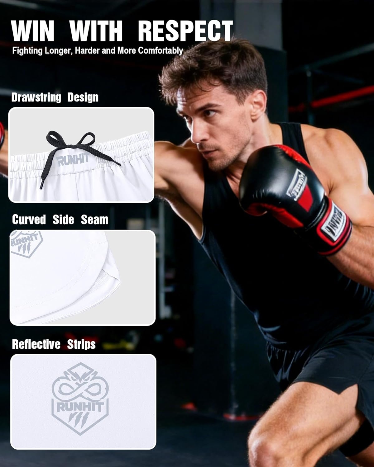image:imageRunhit Mens BJJ Shorts MMA Fight Shorts for Wrestling Boxing No Gi Jiu Jitsu Muay Thai Training Grappling FightingWhite
