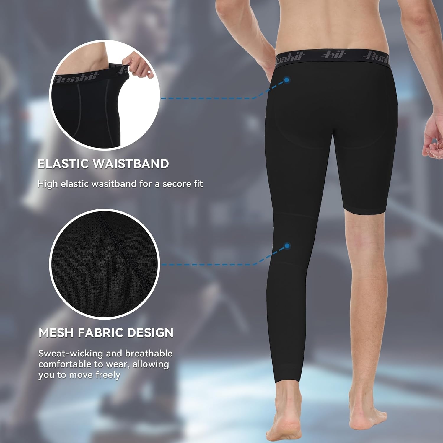 image:imageRunhit Mens Basketball One Leg Compression Tights Full Length Single Leg Compression Pants Sports Base Layer UnderwearBlackblackleft Long