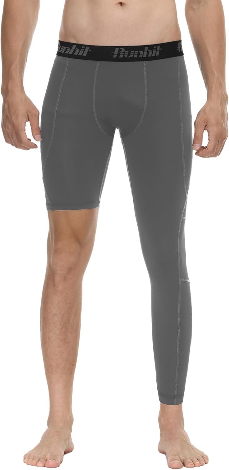 image:imageRunhit Mens Basketball One Leg Compression Tights Full Length Single Leg Compression Pants Sports Base Layer UnderwearBlackgrayleft Long