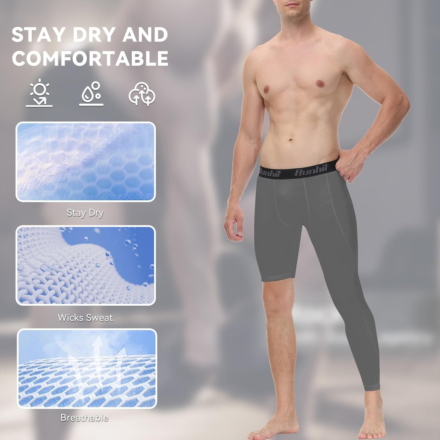 image:imageRunhit Mens Basketball One Leg Compression Tights Full Length Single Leg Compression Pants Sports Base Layer UnderwearBlackgrayright Long