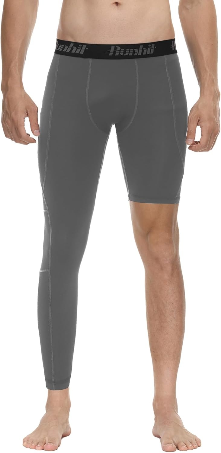image:imageRunhit Mens Basketball One Leg Compression Tights Full Length Single Leg Compression Pants Sports Base Layer UnderwearBlackgrayright Long