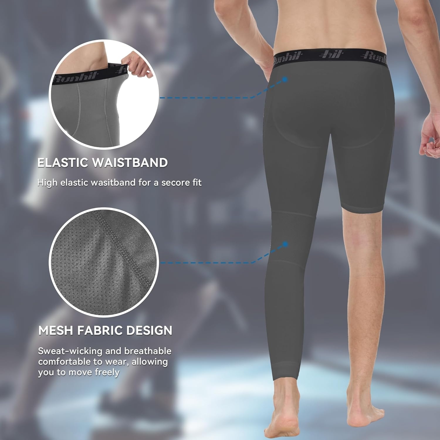 image:imageRunhit Mens Basketball One Leg Compression Tights Full Length Single Leg Compression Pants Sports Base Layer UnderwearBlackgrayright Long