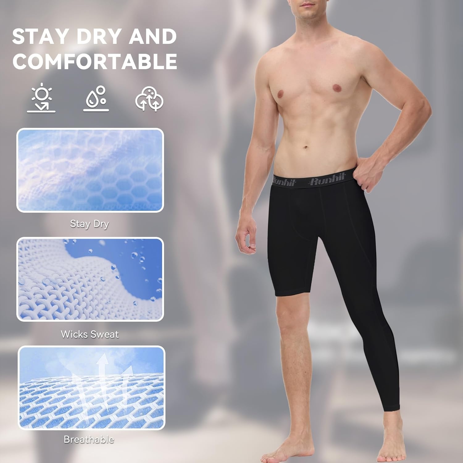 image:imageRunhit Mens Basketball One Leg Compression Tights Full Length Single Leg Compression Pants Sports Base Layer UnderwearBlackleft Long