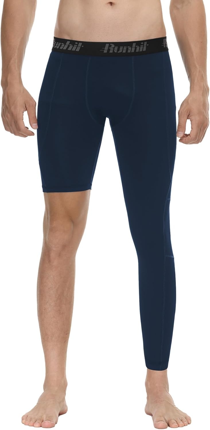 image:imageRunhit Mens Basketball One Leg Compression Tights Full Length Single Leg Compression Pants Sports Base Layer UnderwearBlacknavyleft Long