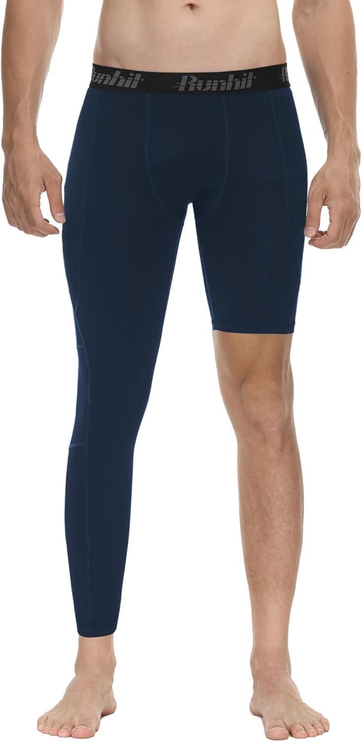 image:imageRunhit Mens Basketball One Leg Compression Tights Full Length Single Leg Compression Pants Sports Base Layer UnderwearBlacknavyright Long