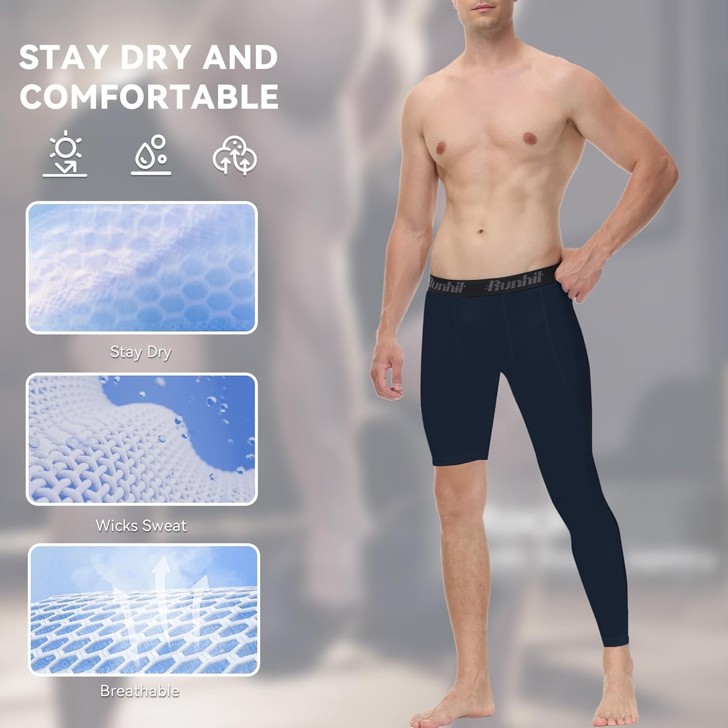 image:imageRunhit Mens Basketball One Leg Compression Tights Full Length Single Leg Compression Pants Sports Base Layer UnderwearBlacknavyright Long
