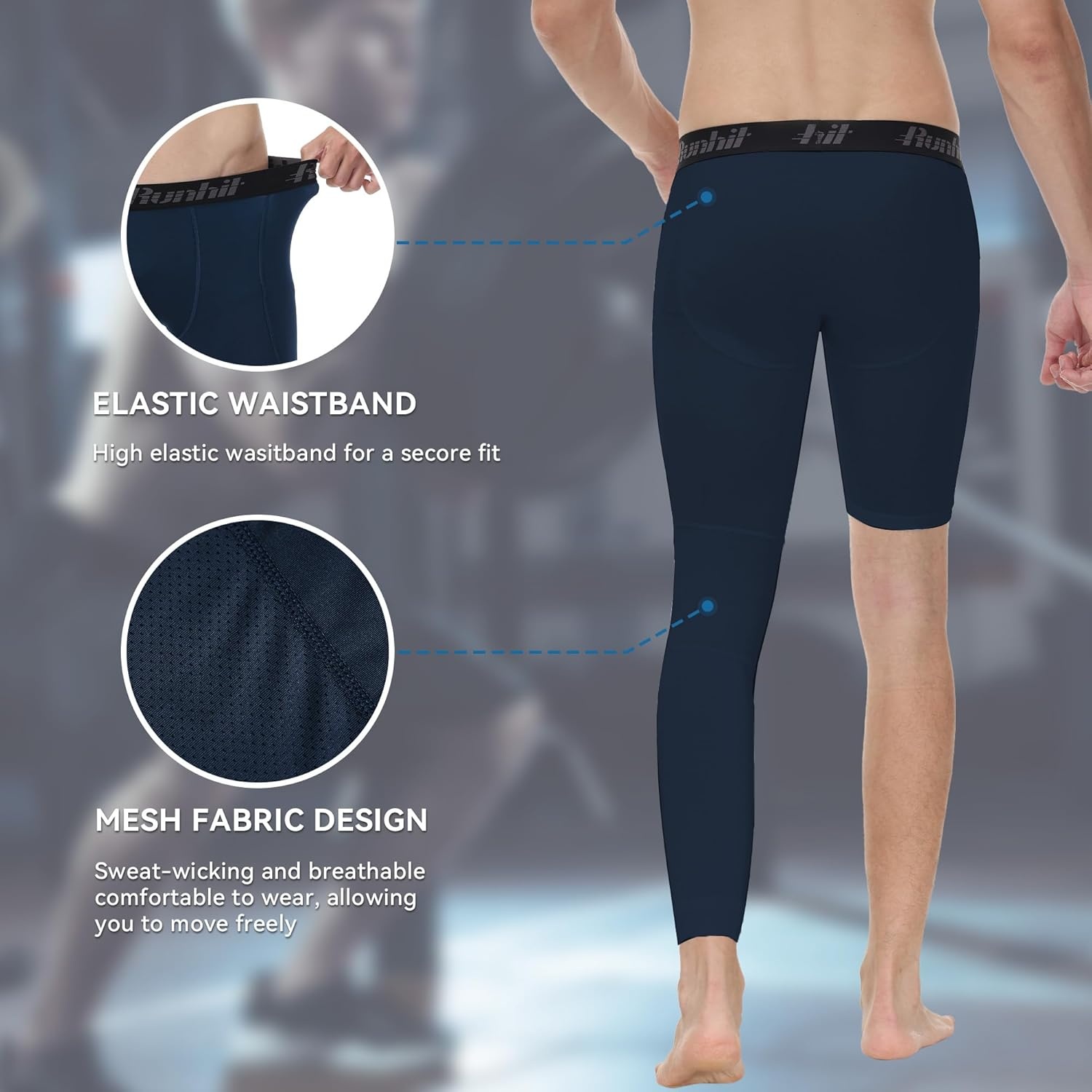 image:imageRunhit Mens Basketball One Leg Compression Tights Full Length Single Leg Compression Pants Sports Base Layer UnderwearBlacknavyright Long