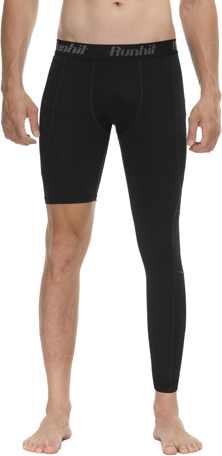 image:imageRunhit Mens Basketball One Leg Compression Tights Full Length Single Leg Compression Pants Sports Base Layer UnderwearBlackwhiteleft Long