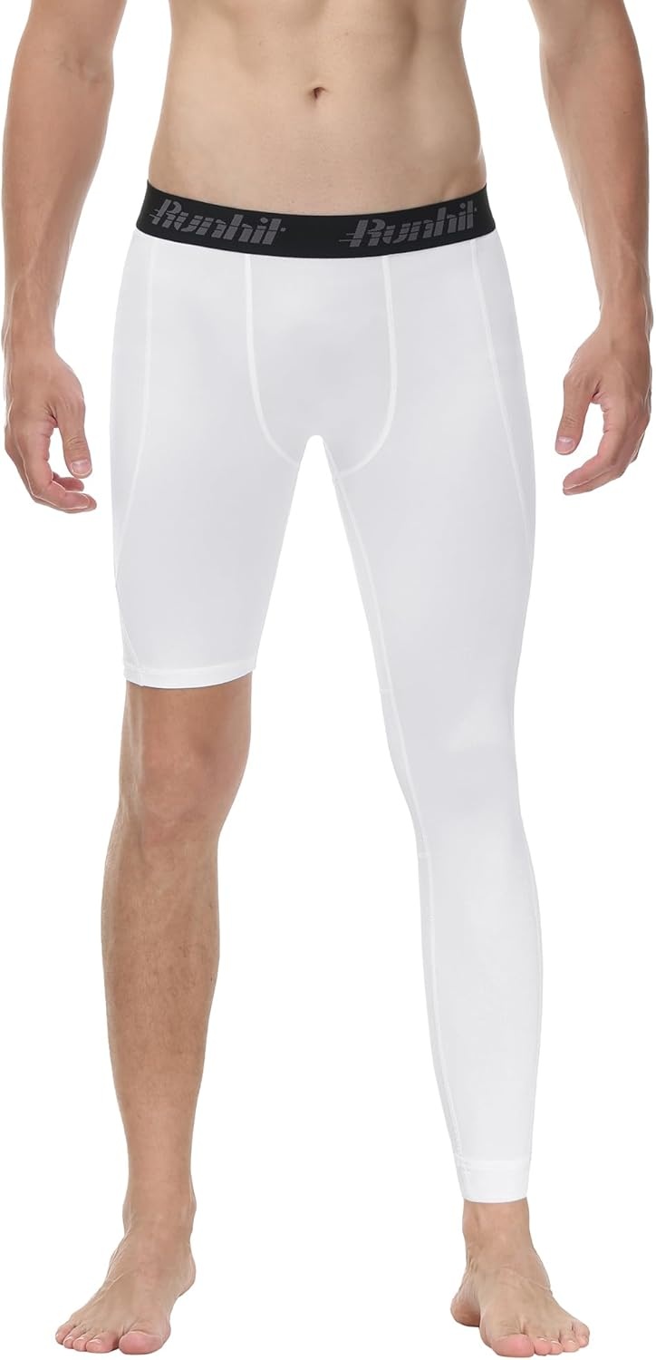 image:imageRunhit Mens Basketball One Leg Compression Tights Full Length Single Leg Compression Pants Sports Base Layer UnderwearWhiteleft Long