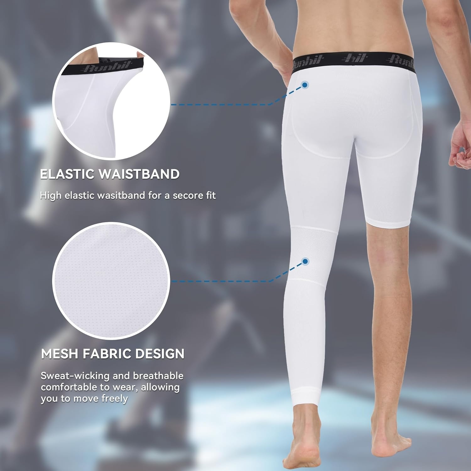 image:imageRunhit Mens Basketball One Leg Compression Tights Full Length Single Leg Compression Pants Sports Base Layer UnderwearWhiteright Long