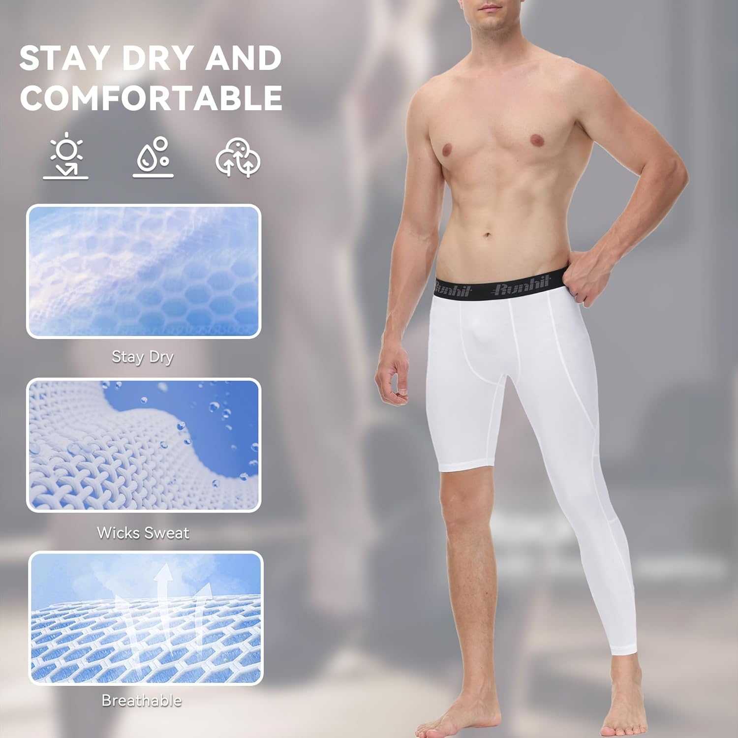 image:imageRunhit Mens Basketball One Leg Compression Tights Full Length Single Leg Compression Pants Sports Base Layer UnderwearWhitewhiteleft Long