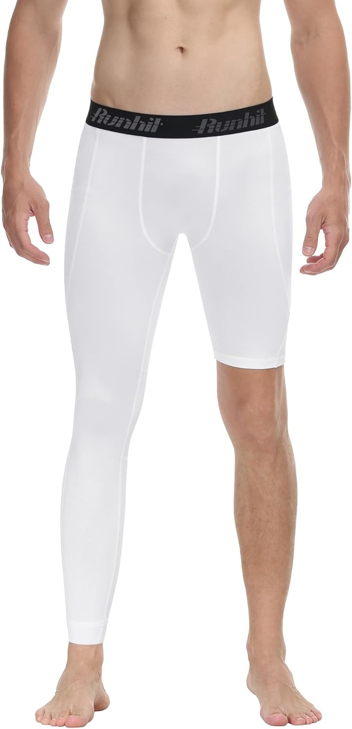 image:imageRunhit Mens Basketball One Leg Compression Tights Full Length Single Leg Compression Pants Sports Base Layer UnderwearWhitewhiteright Long