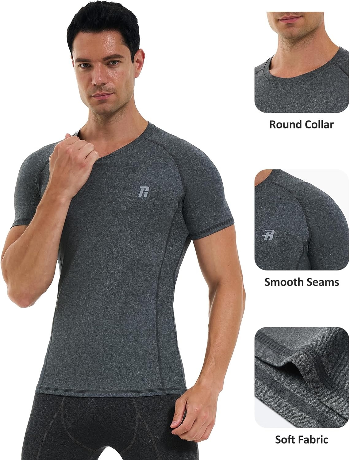 image:imageRunhit Mens Compression Shirts Short Sleeve Athletic T Shirt Cool Dry Workout Tops Sports Base Layer Undershirt3 PackblackGreyNavy Blue