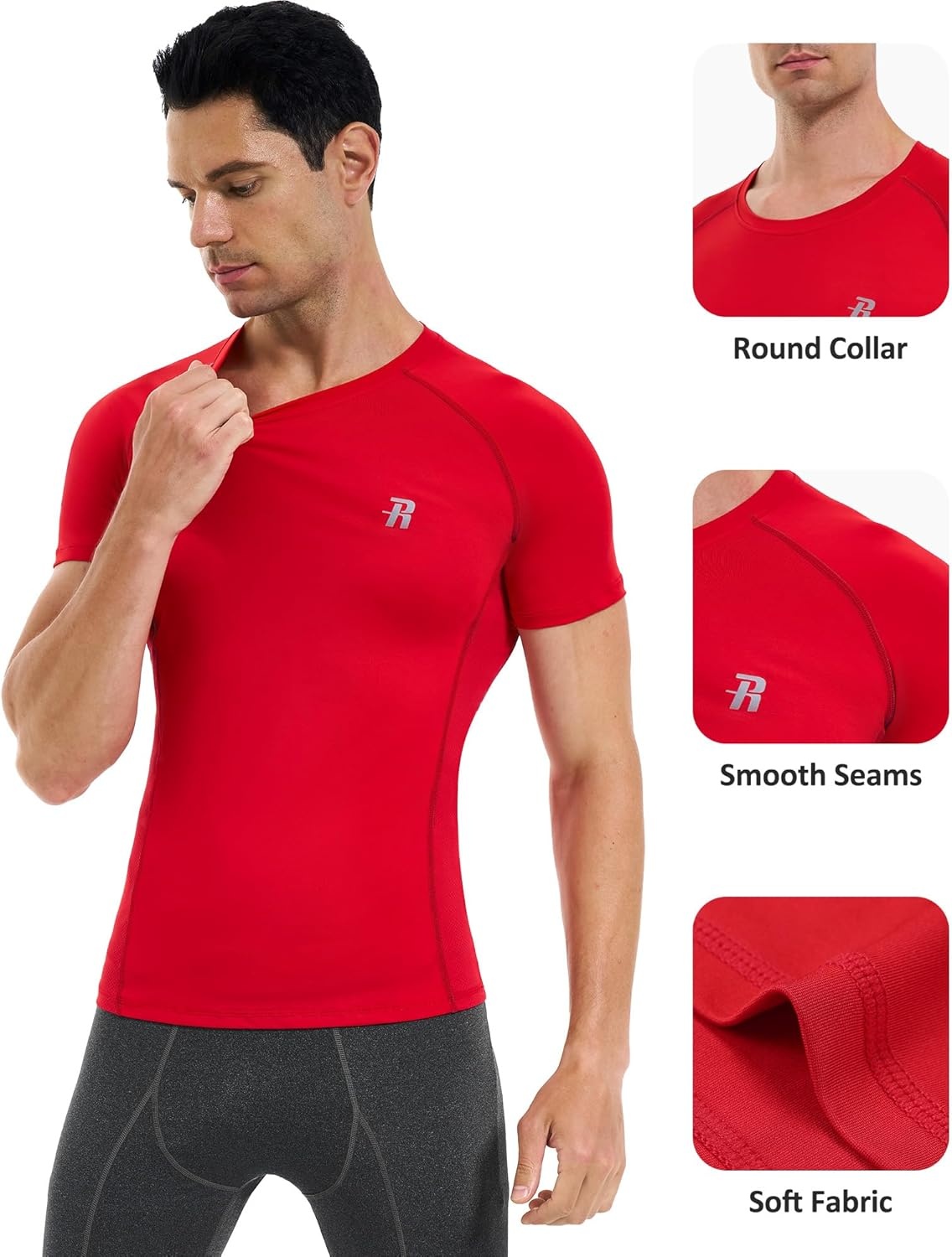 image:imageRunhit Mens Compression Shirts Short Sleeve Athletic T Shirt Cool Dry Workout Tops Sports Base Layer Undershirt3 PackblackGreyRed