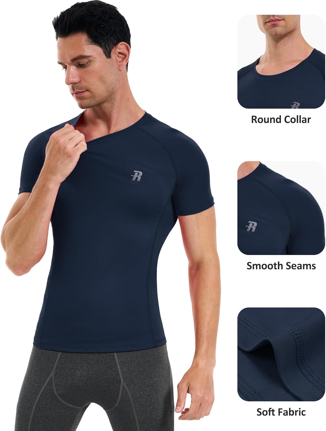 image:imageRunhit Mens Compression Shirts Short Sleeve Athletic T Shirt Cool Dry Workout Tops Sports Base Layer Undershirt3 PackblackWhiteNavy Blue
